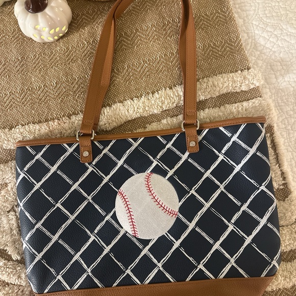 Brown and Navy Baseball Tote Bag - Picture 1 of 6